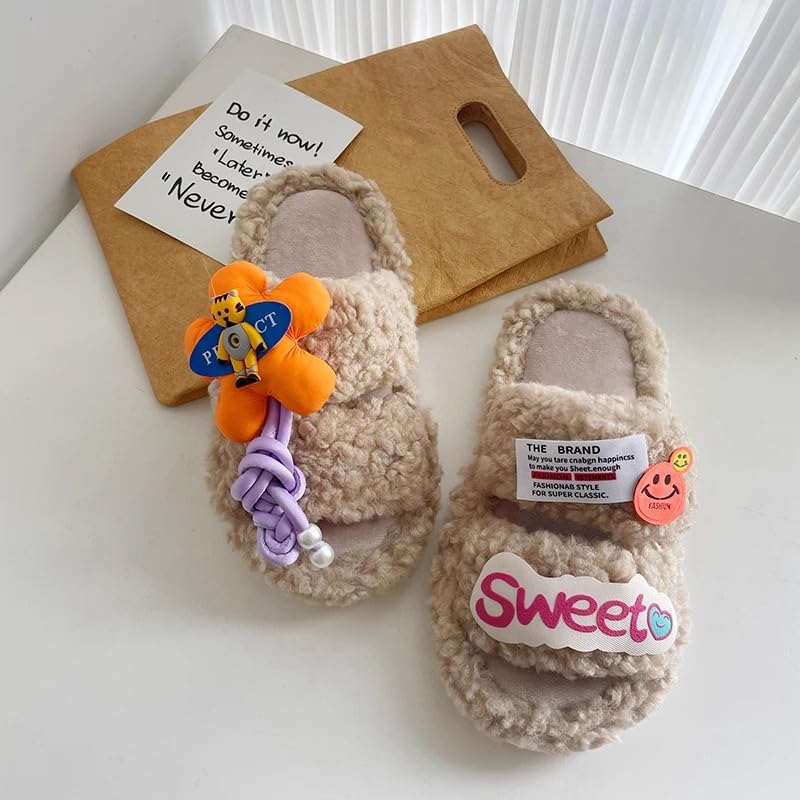 ZQW Women's Floral Fuzzy Slippers Y2K Double Strap Open Toe Plush Flat Slides Non-Slip Cozy Indoor Outdoor Shoes Multicolor2