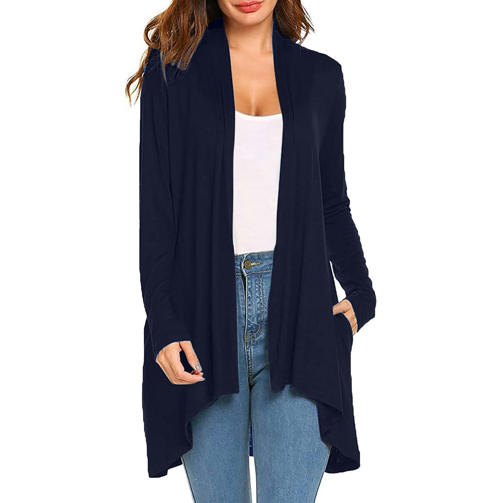TEidea Rebeca Mujer Verano Cárdigan De Bolsillo De Bolsillo De Manga Larga De Color Sólido De Punto O Otoño para Mujeres-Azul-Metro