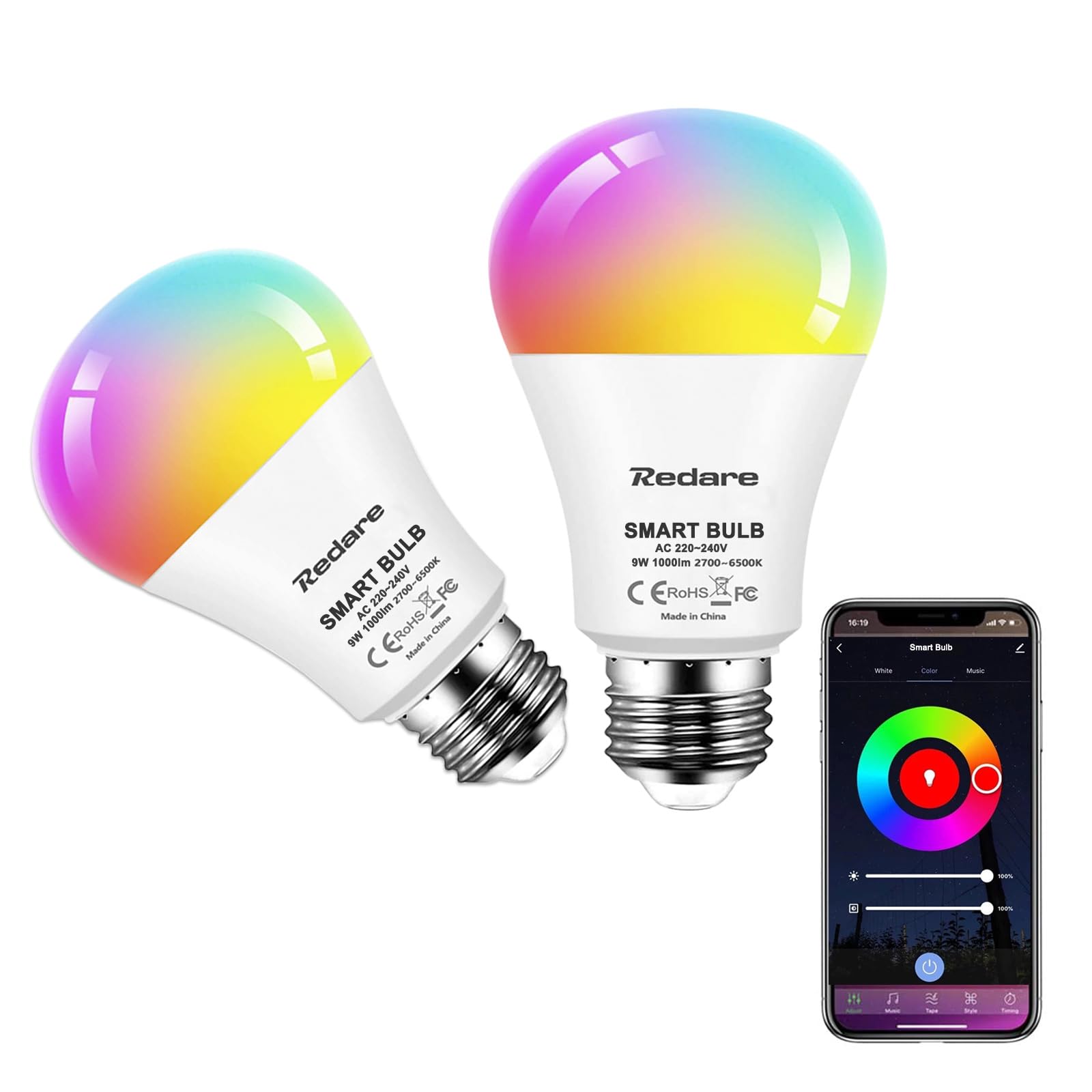 E27 Alexa Smart Bulbs,Smart Light Bulbs,لمبة ذكية,RGB Wifi Light Bulb,9W A60 LED Dimmable Colour Changing bulb Screw Works with Alexa,Google Home,App or Voice Control No Hub Required(2 Pack)