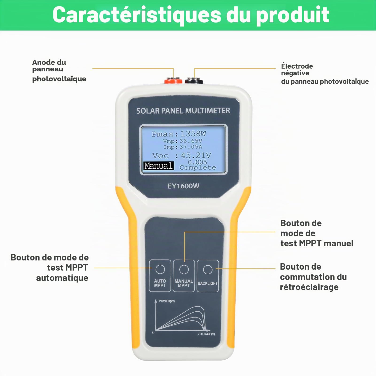 BuyWeek Testeur MPPT de Panneau Solaire EY1600W Multimètre de Panneau Solaire Photovoltaïque avec Écran LCD Aucune Alimentation requise, pour Panneau Solaire Tous Types, Protection Surintensités