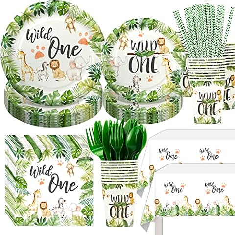 FVABO Wild One Birthday Decorations Tableware - Safari Birthday Decorations Including Plates, Cups, Napkins, Tablecloth, Straws, Cutlery, Animal Jungle Theme Wild One Party Supplies | Serve 24 Cover