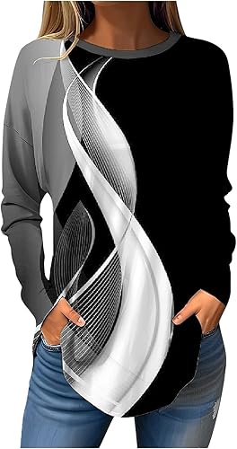 Blusa de otoño para mujer, de manga larga, cuello redondo, para invierno, étnico, floral, ajuste holgado, sudadera de moda