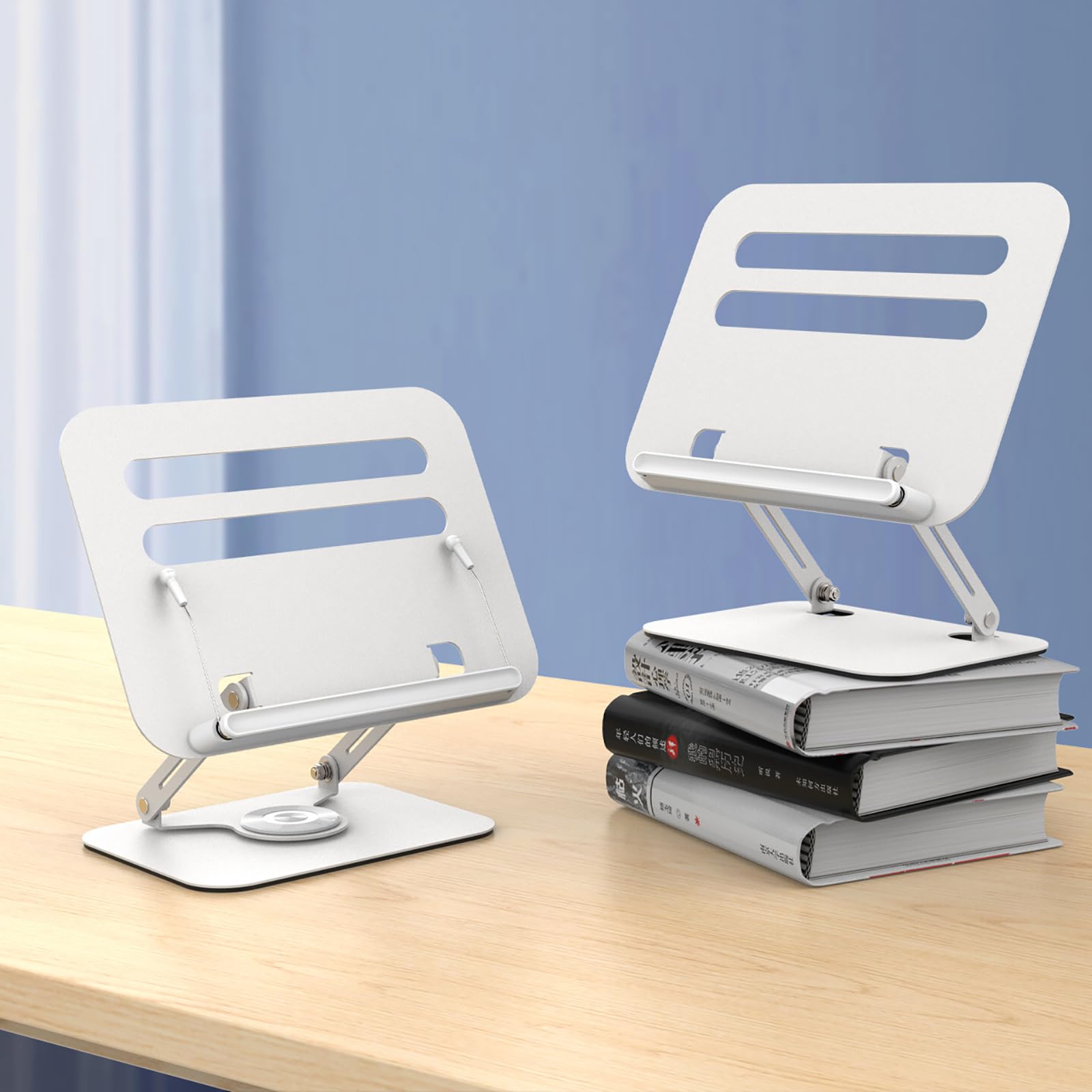 Buchständer zum Lesen, verstellbarer Tischbuchständer mit 360°-Drehfuß, faltbar, verstellbarer Winkel, multifunktional, für Kochbücher, Rezeptbücher, Tablets und Laptops - Silber
