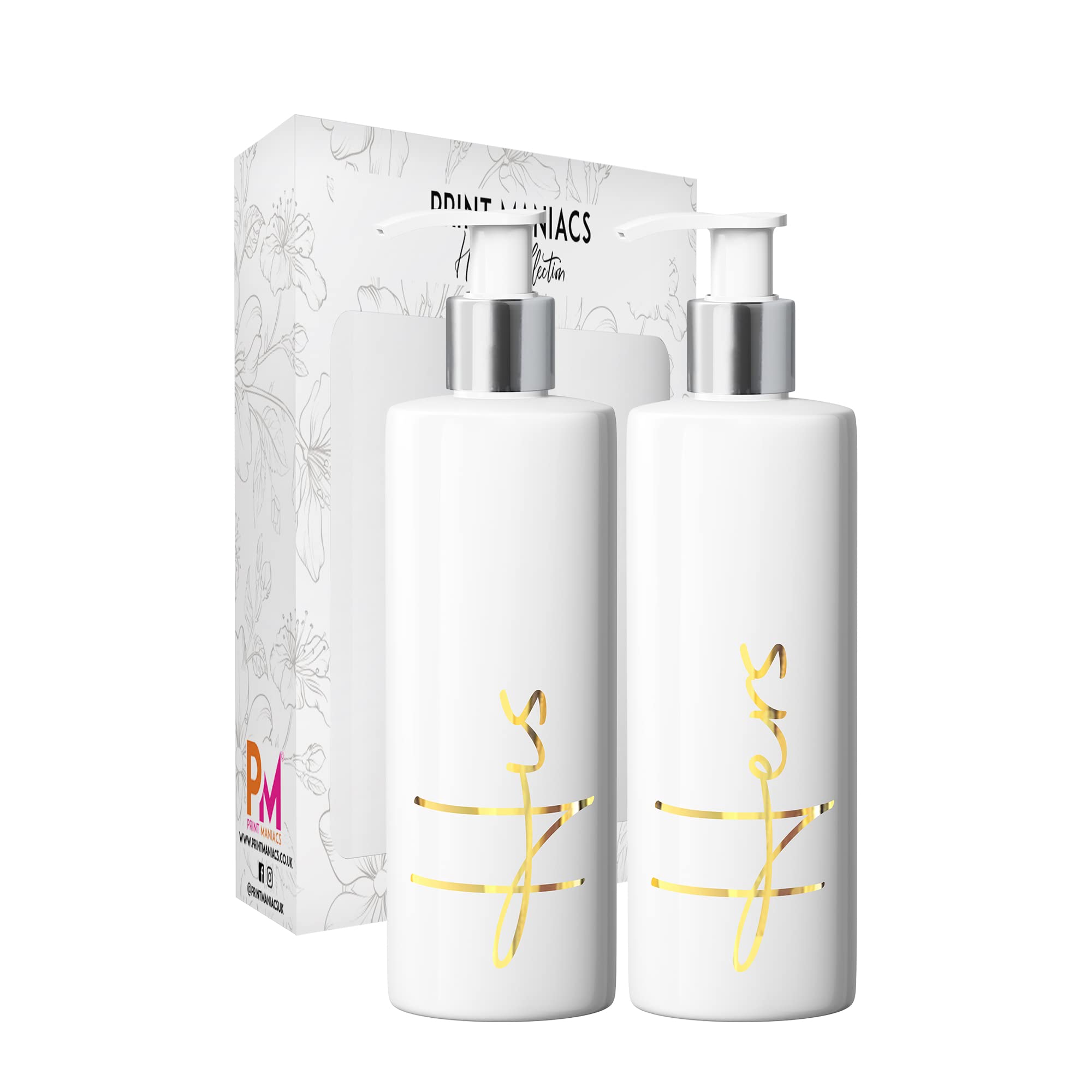 Print Maniacs Mrs Hinch Inspired White Personalised Dispenser Silver Pump Bottles His hers (Gold)