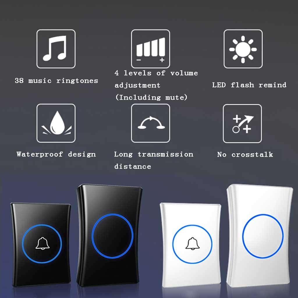 Timbres inalámbricos Timbre inalámbrico Resistente al Agua, Alcance de 300 m, 38 Tonos Llamada, 4 Niveles Volumen, Flash LED, Paquete 6, Multicolor(White)