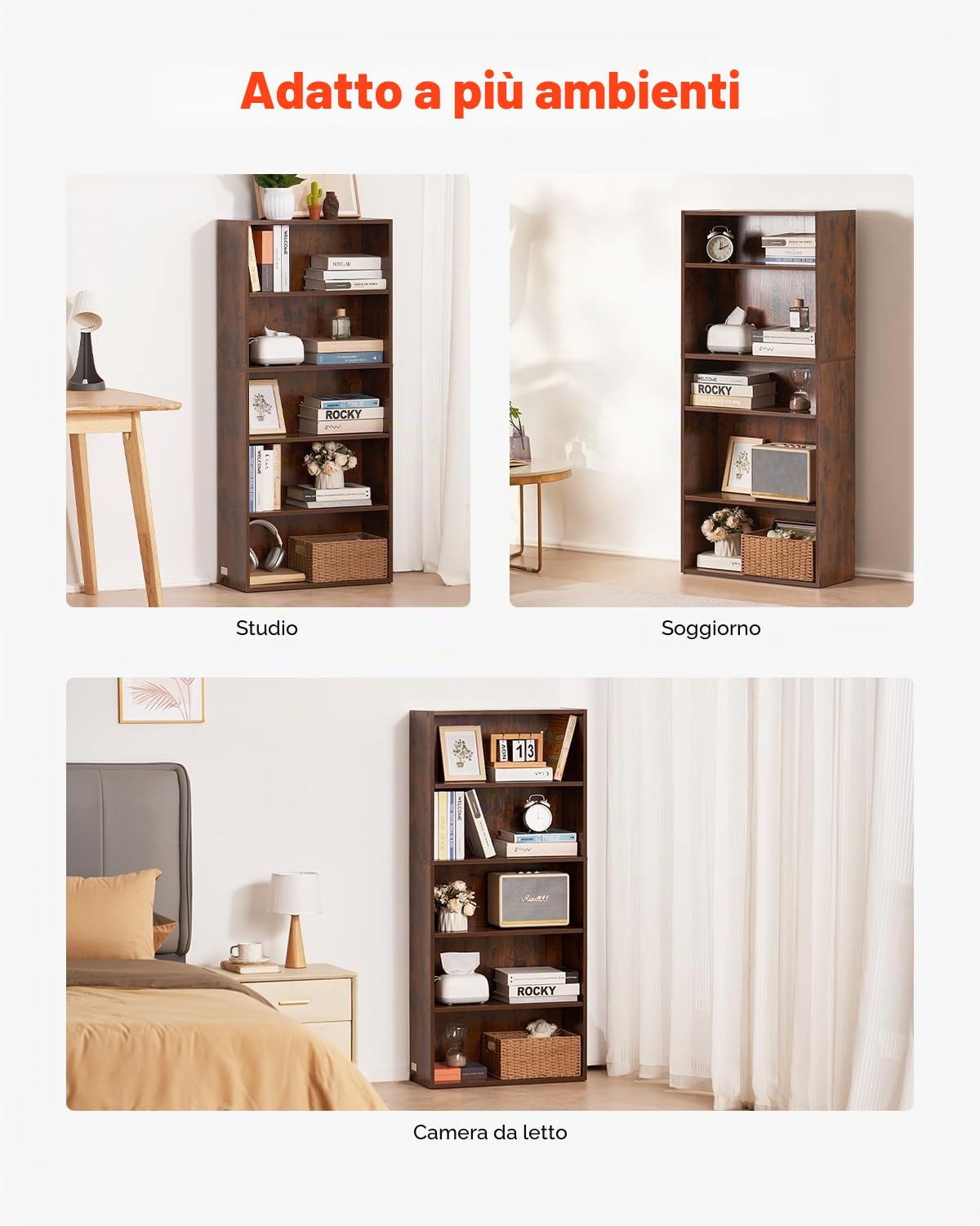 VEVOR Libreria Sottile a 5 Ripiani, Libreria Aperta in Legno 134,5 cm con Ripiano Regolabile in Altezza, Espositore da Pavimento Alto Autoportante, Scaffale per Biblioteca, Soggiorno, Ufficio, Marrone