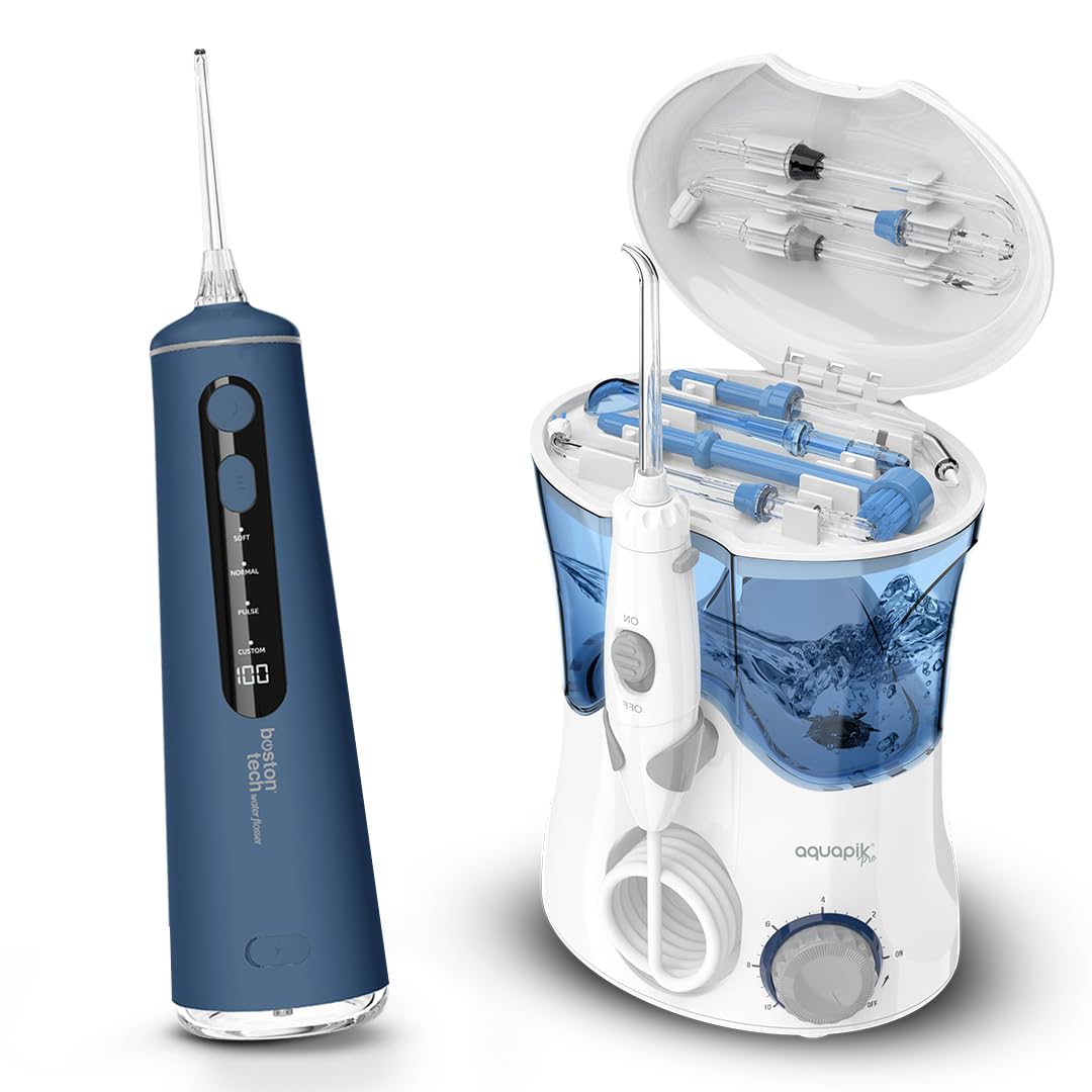 Compra Inteligente: Aquapik® PRO Irrigador dental Sobremesa + Aquapik® Travel en un Pack | Ahorra y Cuida Tu Salud Bucal en Casa y Viaje |Cubre diferentes necesidades bucales (Azul - Blanco)