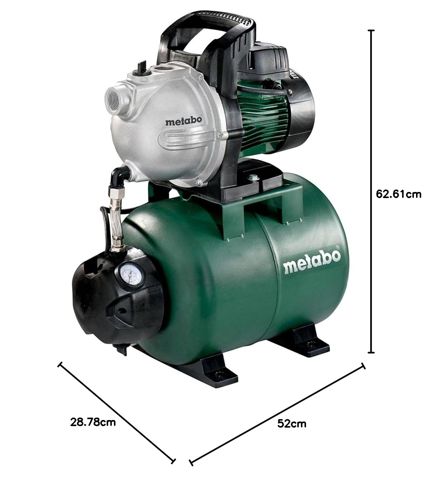 Metabo Hauswasserwerk HWW 4000/25 G (600971000) Karton, Nennaufnahmeleistung: 1100 W, Max. Fördermenge: 4000 l/h, Max. Förderhöhe: 46 m | Robustes Hauswasserwerk mit 24 l Kessel, 4000 l/h Fördermenge, 46 m Förderhöhe, für Garten, Brunnen und Hauswasserver