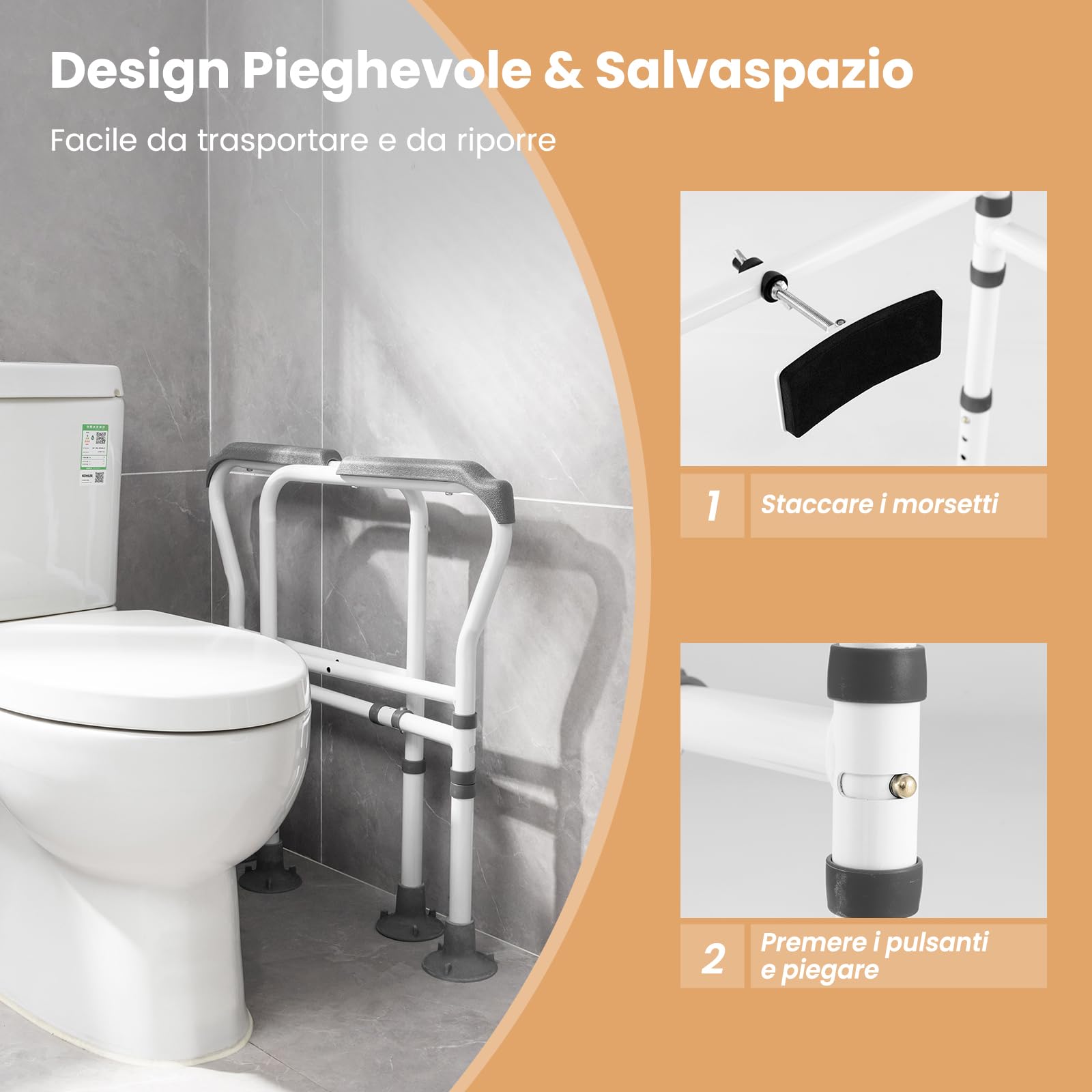 RELAX4LIFE Braccioli per WC, Maniglione WC, Supporto per WC Pieghevole, Regolazione in Altezza e Larghezza, Ventose Antiscivolo, Acciaio al Carbonio, per Anziani, Disabili, Donna Incinta (Grigio)