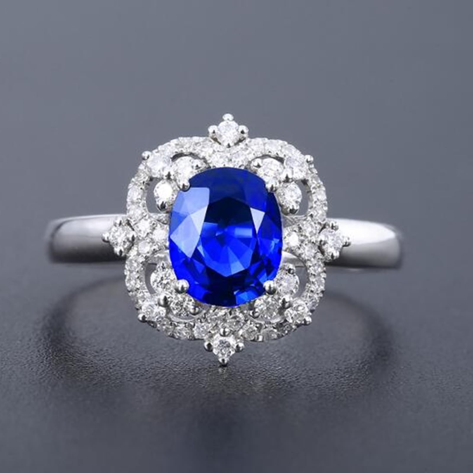 Anello celebrità in oro bianco 18 carati blu zaffiro ovale, fedi nuziali ovali a forma di fiore con zaffiro da 1,26 carati e diamanti anelli da donna misura 14 (17,2), 14 (17,2), metallo prezioso,