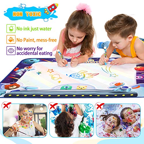WisToyz Doodle Mat Spaceship Cognitive Letters Aqua Mat Waterproof Play Mat for Kids 40 X 32 Inches Doodle Drawing Mat with Squeeze Toys Educational Toys for Kids Toddlers Boys Girls Age 3-Year and Up