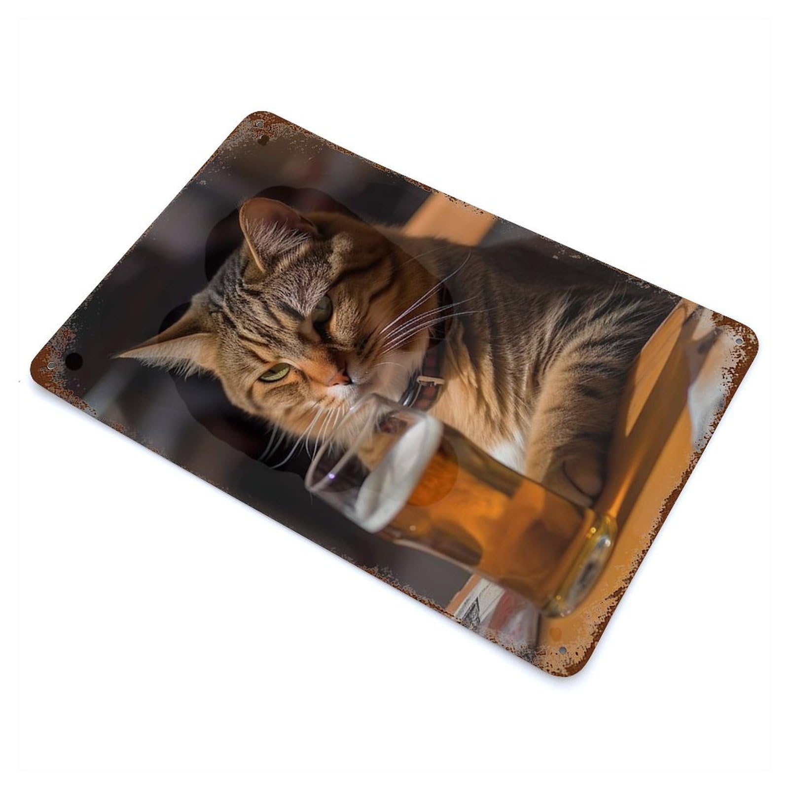 Rust Effect Beer Drinking Cat Aged Metal Wall Plaque 11.8"x7.9", Rustic Home Decor for Bistro, Counter And Cafe Decor