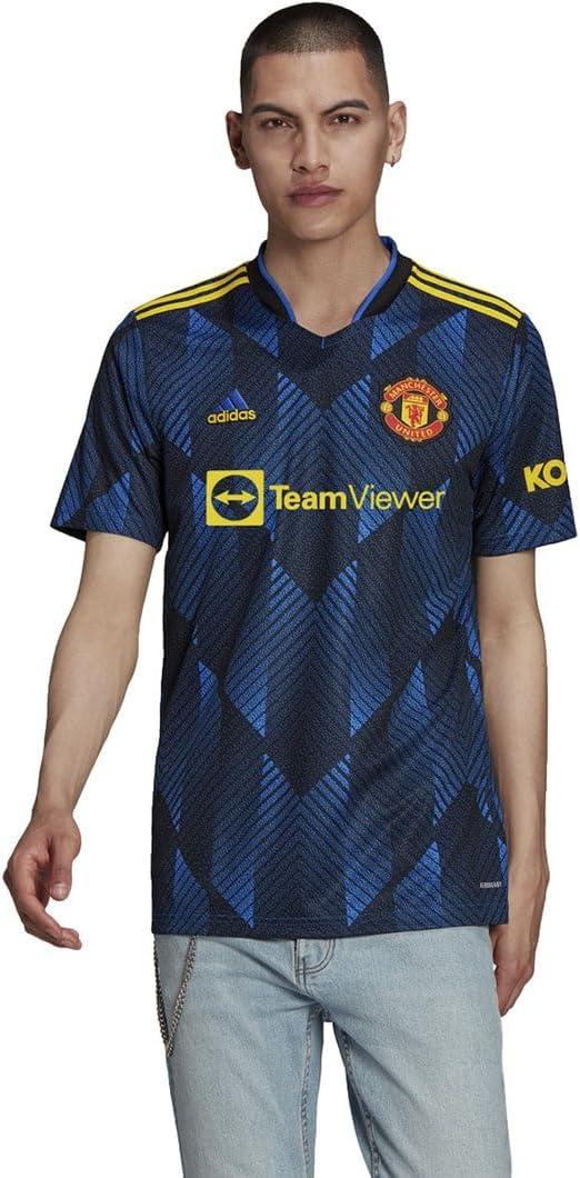adidas Mens MUFC Soccer Manchester United 3 Jersey Short Sleeve, Glow Blue