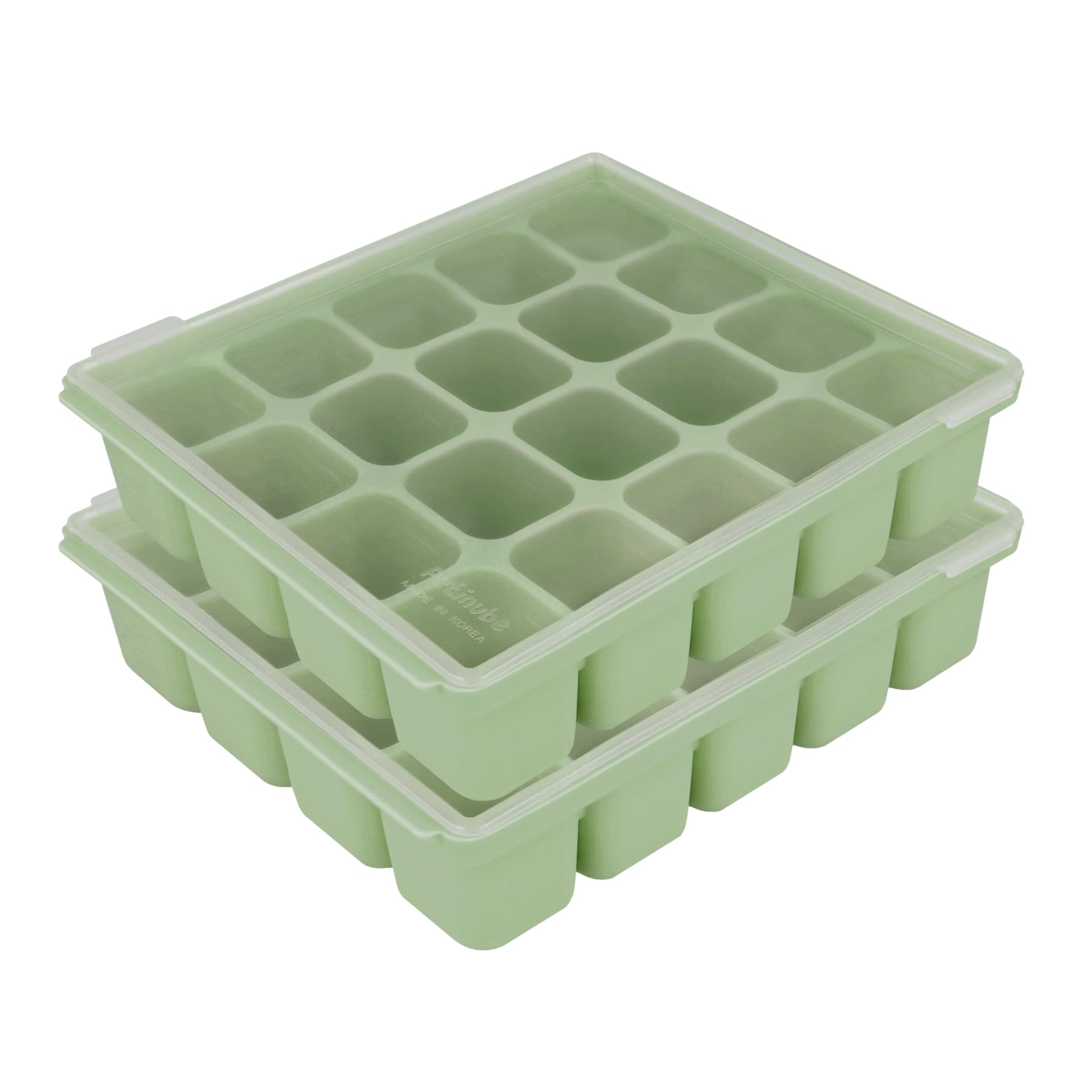 PETINUBESilicone Freezer Tray, Baby Food Storage Cubes with Clip-On Lid, Freeze Baby Food, Soups, Purees, Ice, Easy and Safe Design, Made in Korea (20cubes 0.8oz, Celadon Green Set of 2)