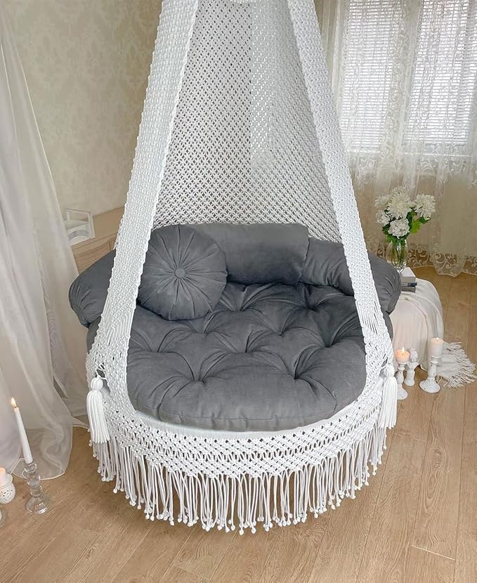 Image of Macrame Hanging Chair Swing with Cushions, Boho Indoor Round Hammock Seat Indoor & Outdoor - Patio, Balcony, Bedroom, Living Room, Garden-Kids, Adults (White with Grey)