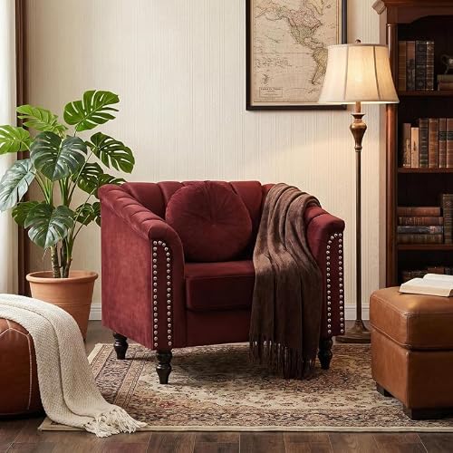 FELYCYTAS Velvet Armchair with Tufted Back & Nailhead Trim, Modern Accent Barrel Chair with Round Pillow, Luxury Vintage Comfy Club Chair for Living Room, Bedroom, Office (Burgundy)
