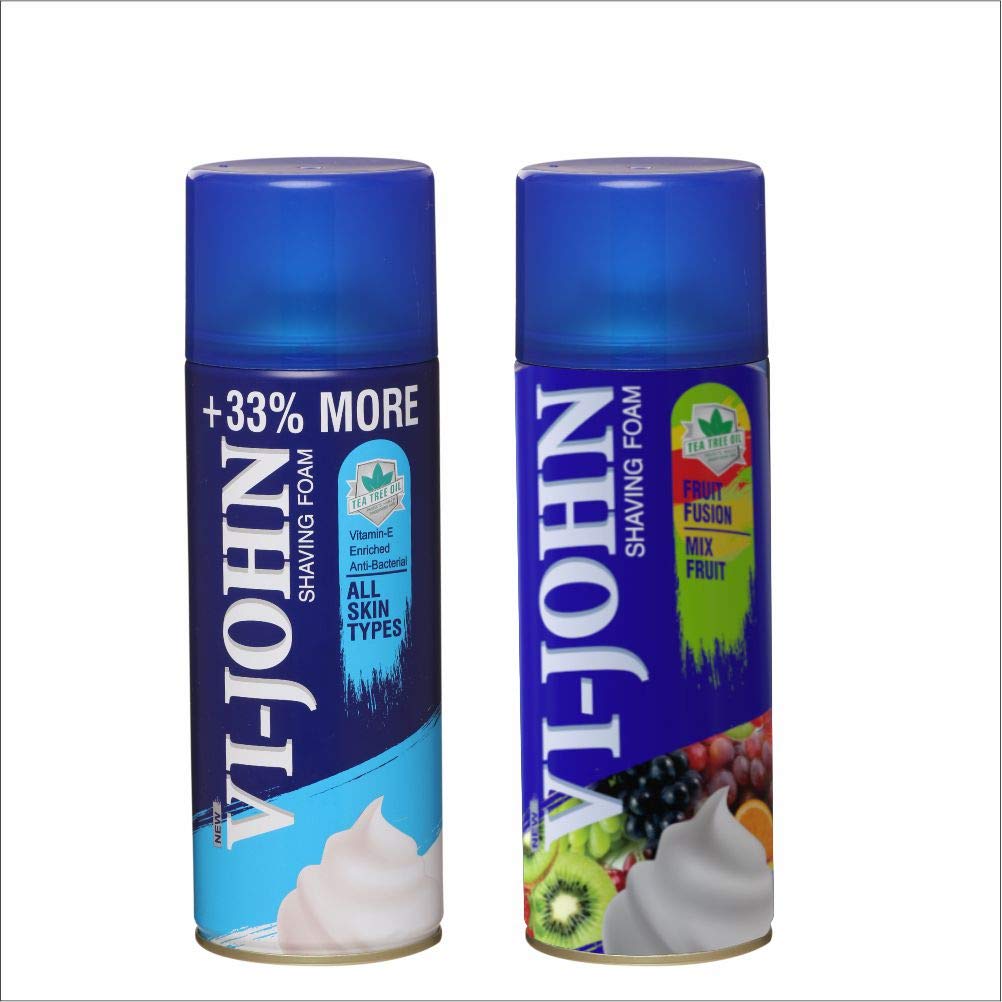 VI- JOHN Shaving Foam For Men, Fruit Fusion & All Skin Type Shaving Foam With Goodness of Nature, Tea Tree Oil, Vitamin E Enriched and Anti- Bacterial Formula (400gm Each- Pack of 2)