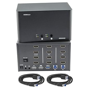 KVM Switch 4 Monitors 2 Computers, HDMI 4K@60Hz KVM Switch with USB3.0, 2 Computers Share One Set of Keyboard, Mouse and Monitors, Supports Windows/Mac/Linux