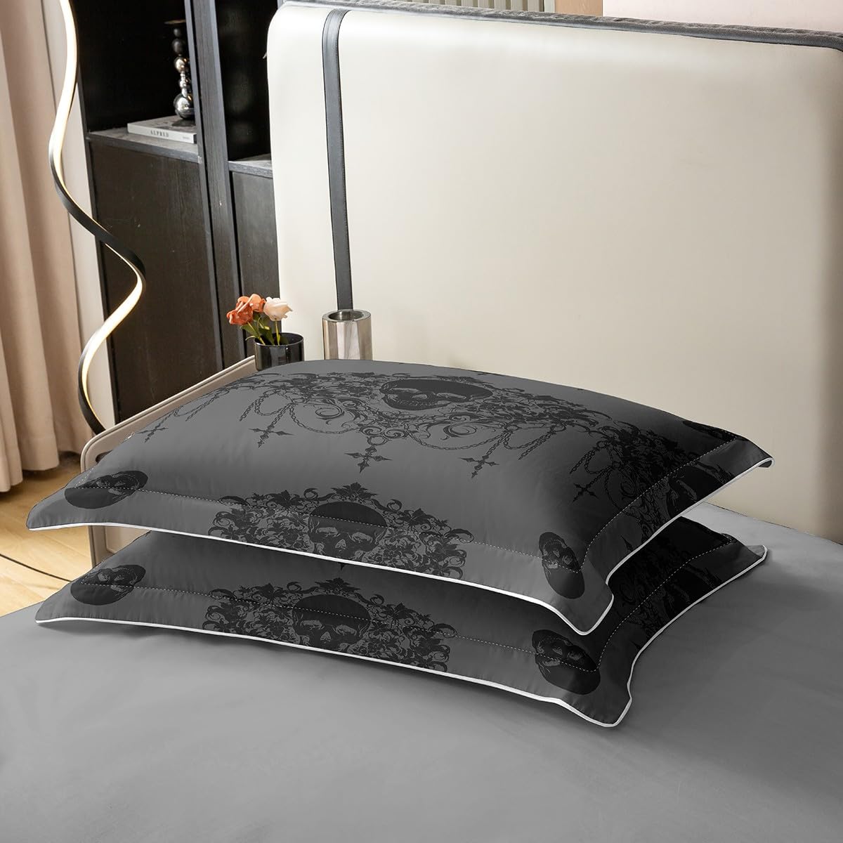Homewish Bettbezug Gothic 100% Baumwolle Bettwäsche Set 155x220 für Kinder Teens Erwachsene Goth Sugar Skull Tröster Abdeckung Bleistift Grau Damast Bett Set Bohemian Vintage Floral mit 1 Kissenbezug
