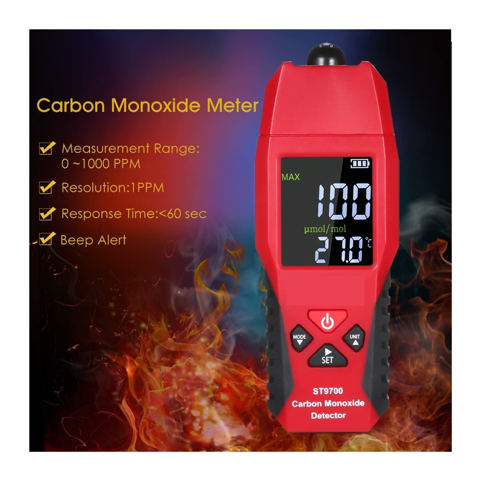 Gasdetektor, Tragbares Kohlenmonoxid-Messgerät CO-Gasanalysator-Messgerät LCD-Display Farbdisplay Ton- und Lichtalarm 0–1000 ppm