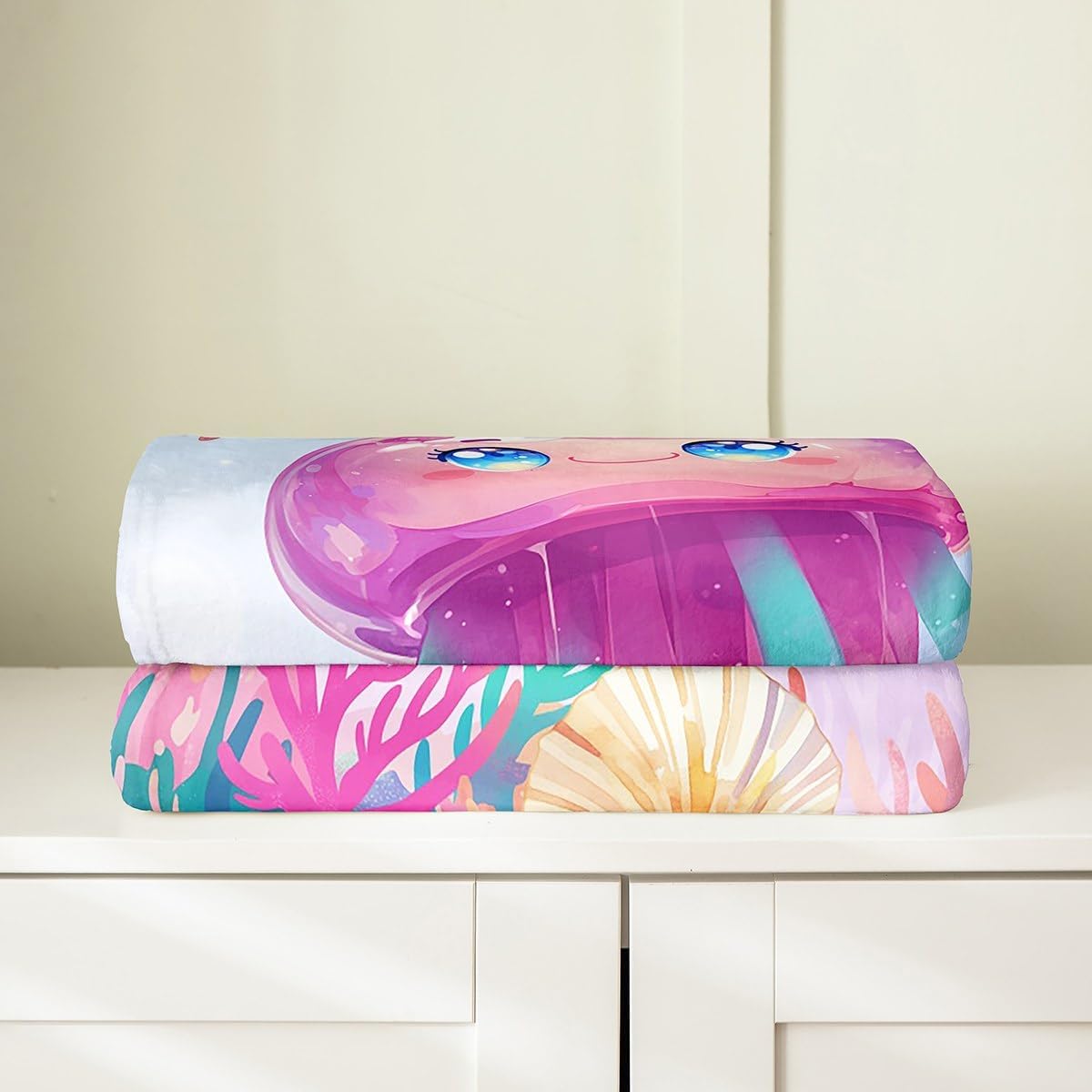Girly Jellyfish Flannel Blanket,Cartoon Sealife Cute Starfish Seahorse Breathable Flannel Plush Blanket Queen 90"x90",Watercolor Coral Seaweed Dreamy Underwater Fuzzy Blanket for Bed Sofa Couch
