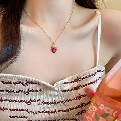 Red Strawberry Pendant Choker Necklace for Women Sweet Jewelry