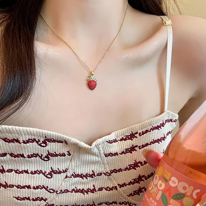 Red Strawberry Pendant Choker Necklace for Women Sweet Jewelry