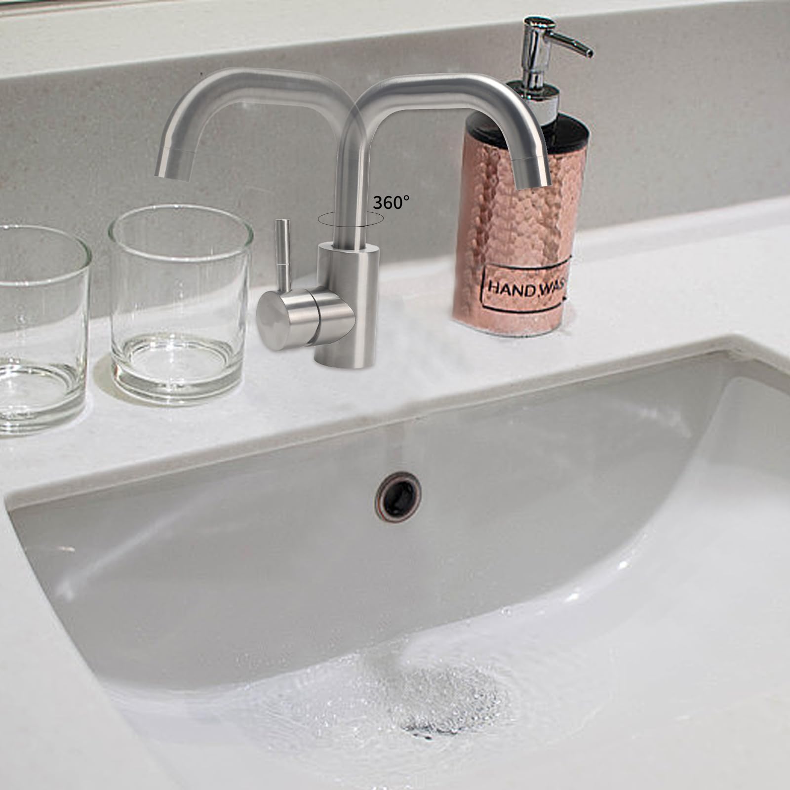 Mitigeur Cuisine Acier Inoxydable, Robinet Salle Bain Pivotant à 360°, Robinet Lavabo avec Tuyau, Robinets Lave Main pour Salle de Bain ou Petite Cuisine (Couleur Brossée)