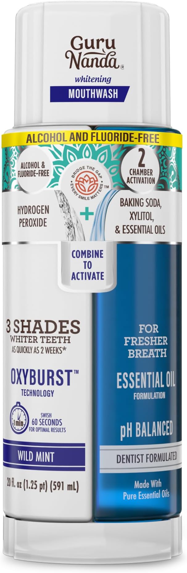 GuruNanda Dual Barrel Oxyburst Whitening Mouthwash - Alcohol & Fluoride Free, Made with 100% Natural Essential Oils – Helps Bad Breath, Promotes Teeth Whitening & Healthy Gums - Wild Mint (20 Oz)