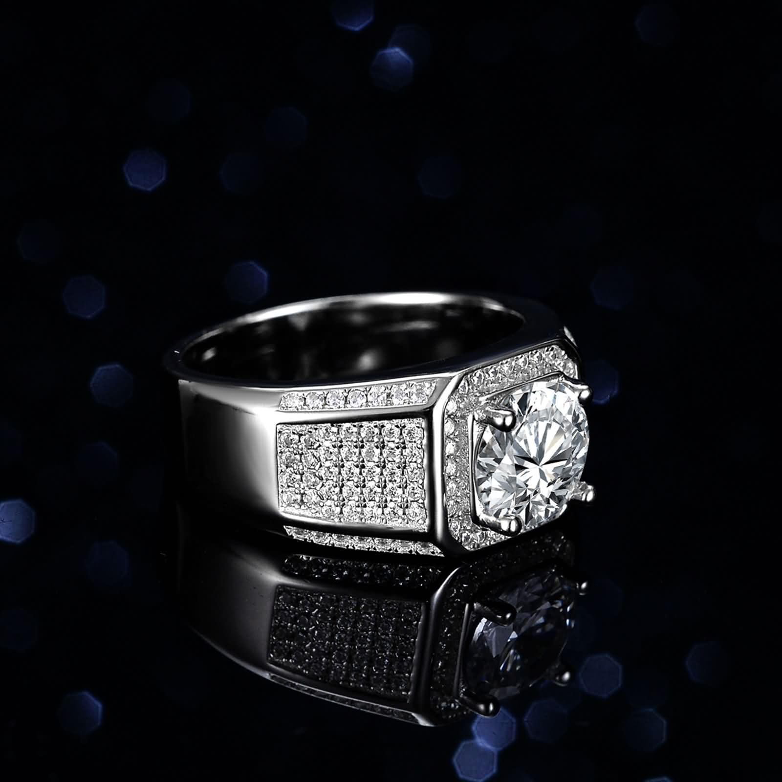 Anillo de oro blanco para hombre, oro blanco de 9 quilates, 14 quilates, 18 quilates, 4 puntas redondas con moissanita de 2 quilates