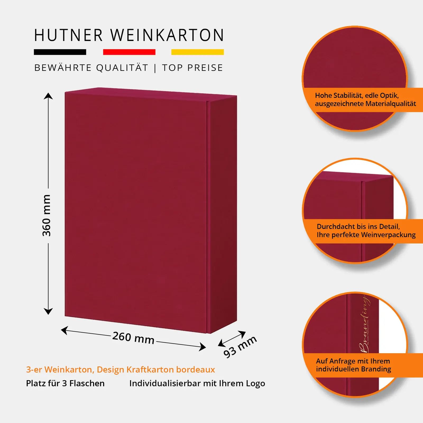 Weinkarton Fibra Bordeaux, 3 Flaschen, 25 Stück, 260 + 93 x 360 mm, Geschenkkarton mit Leinenstruktur, Flaschenverpackung für Wein und Sekt