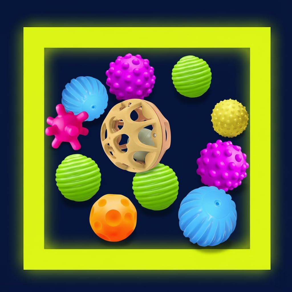 Montessori Sensory Toys Bundle for Babies 3-12 Months: 10 Pack Soft Textured Squeezy Balls & Wheat Straw Hand Catching Rattle. Stress Relief Newborn Gifts for Infants & Toddlers