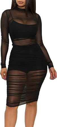 Atyfuniby Women Sheer Mesh Bodycon Midi Dress Set Ruched Club Outfit