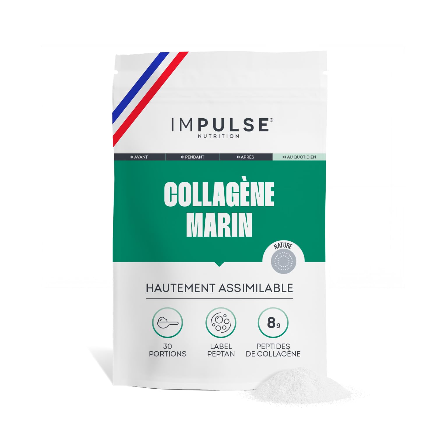 Impulse Nutrition - Collagène Marin Hydrolysé Type 1 Peptan® en Poudre avec Vitamine C - Complément Alimentaire Récupération, Articulations & Peau - 270g - Goût neutre - Fabriqué en France