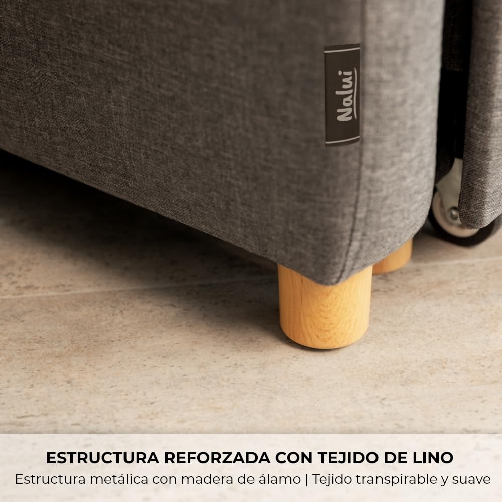 Nalui- Sillon Cama Buddy 92x97x90cm con Respaldo Ajustable 2 Posiciones y Almohada. Sofá Cama 1 Plaza 3 en 1 de Lino, Soporta hasta 200Kg. Sofá Cama Individual con Reposabrazos, Marengo