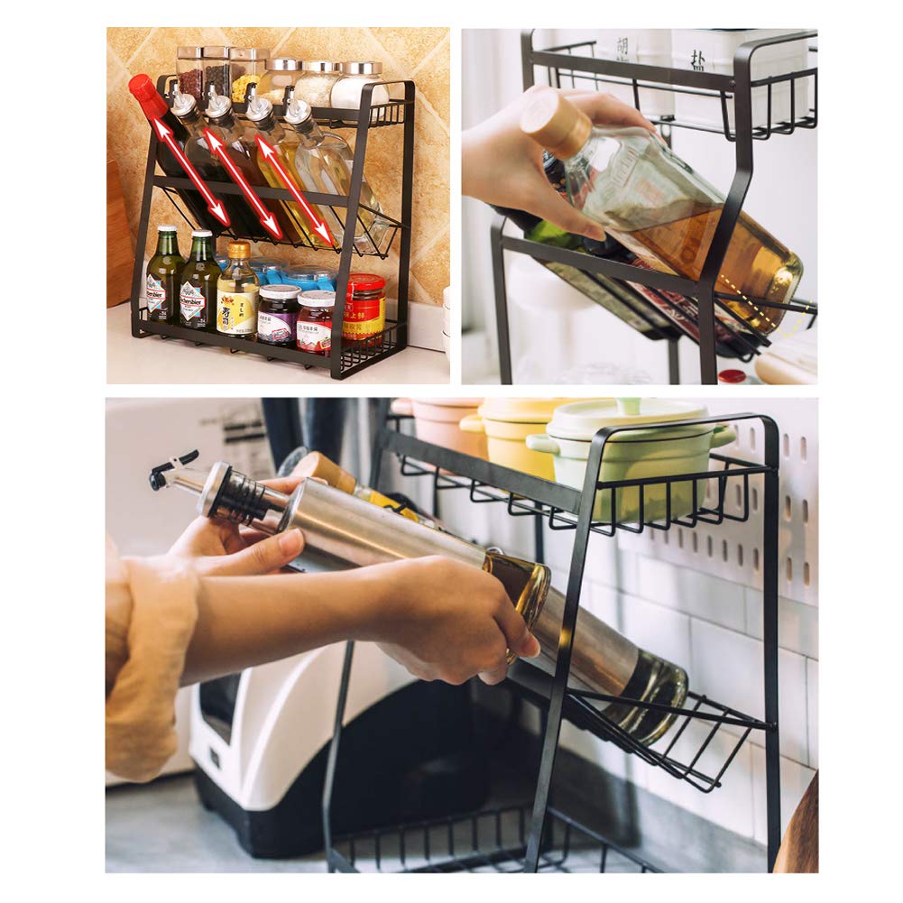 Scaffale per spezie in metallo a 3 livelli, montaggio senza foratura, mensola portaoggetti da cucina per spezie e bottiglie di olio, per bagno, nero (01)