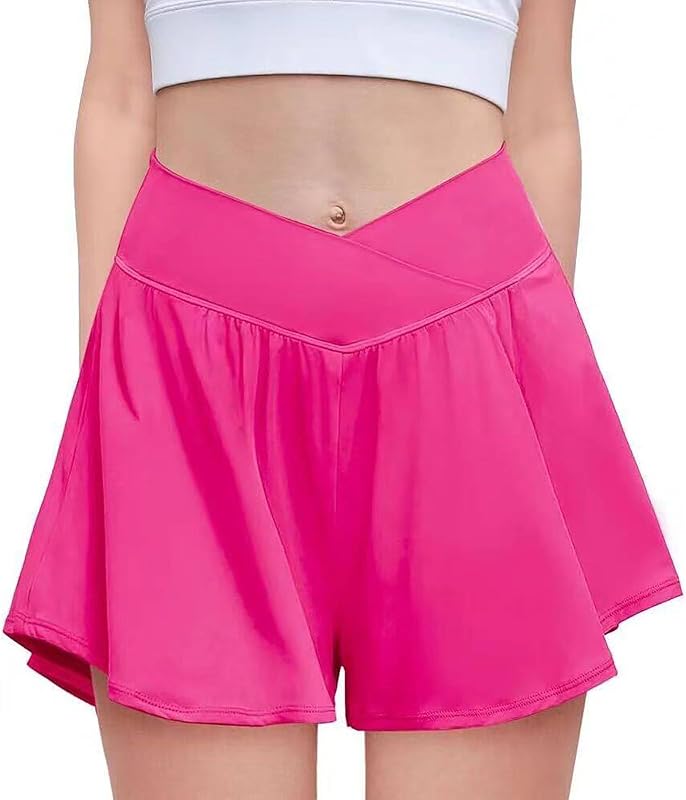 Pantalones cortos de mariposa para niñas con cintura elástica alta, pantalones cortos deportivos cruzados 2 en 1, faldas pantalón fluidas para correr con bolsillos para adolescentes