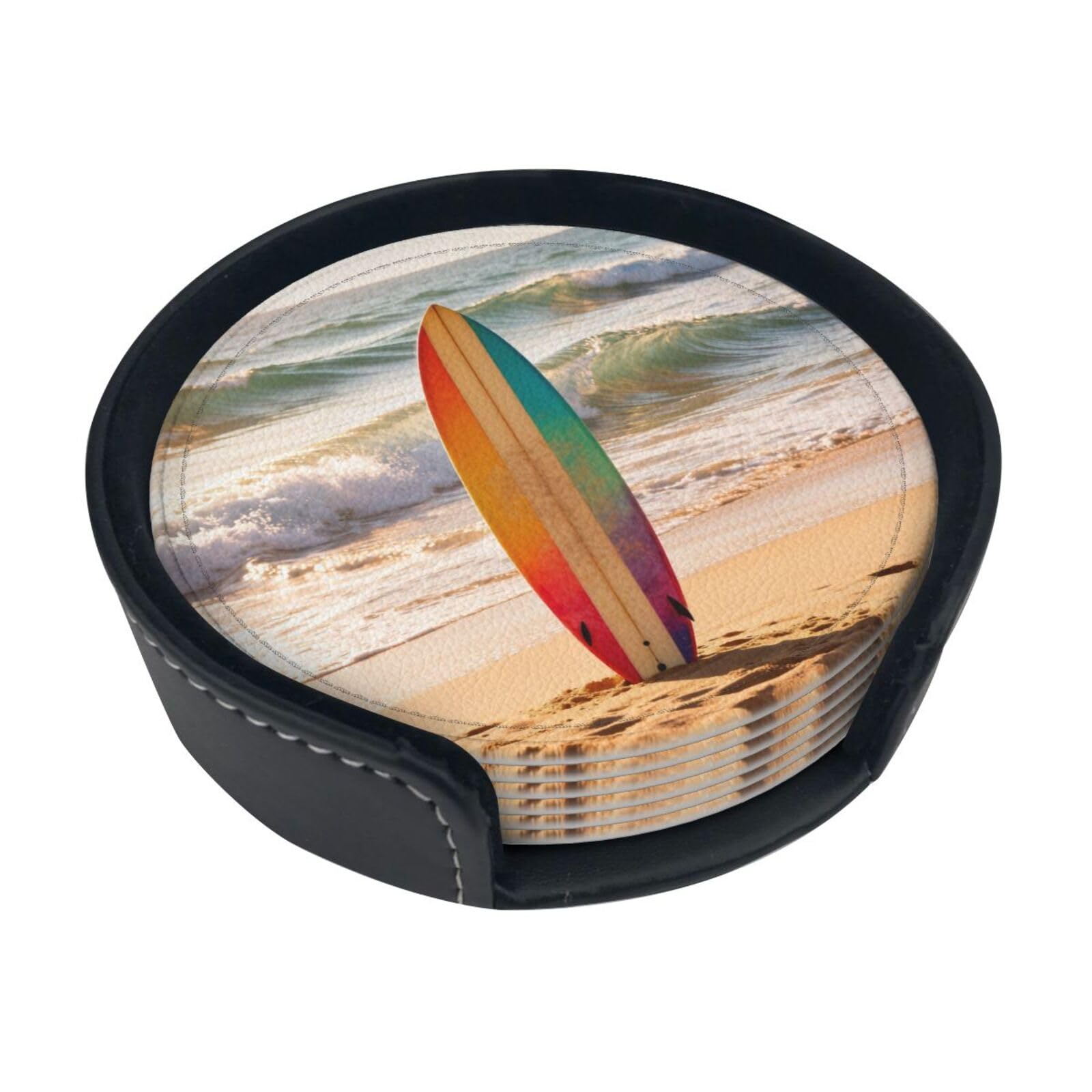 Cntdbu White Surfboard Wave Beach Leather Coasters Set Of 6-Pu Leather Drink Mats For Table, Heat Resistant Round Coasters With Holder
