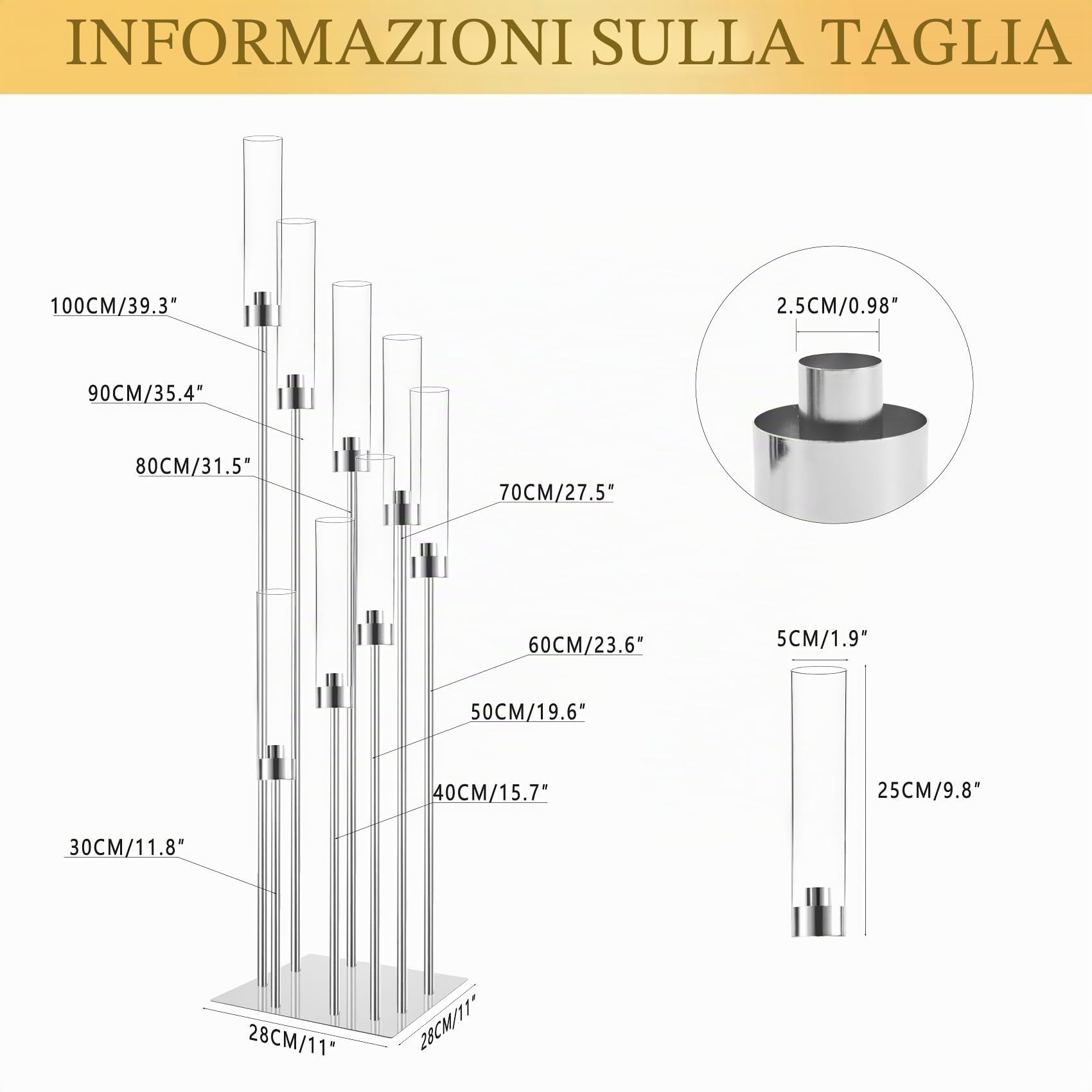 Portacandele da pavimento con paralume in acrilico, alto 125 cm, per candele LED coniche, centrotavola dorato per tavolo, matrimoni, feste, eventi, ricevimenti, decorazione per la casa (argento)