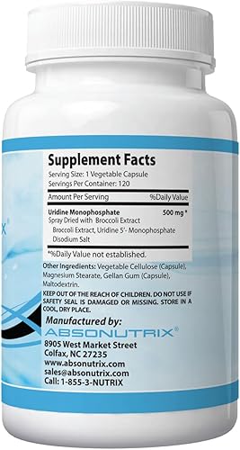 Miniatura 3 de Absonutrix Monofosfato de uridina (potenciador de colina) 545 mg por cápsula  120 cápsulas vegetales de memoria fabricadas en Estados Unidos