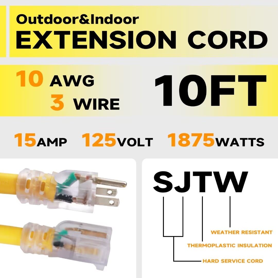 Cable de extensión iluminado para exteriores de 10 pies – 10/3 SJTW cable de extensión amarillo resistente con enchufe de tierra de 3 puntas para mayor seguridad, listado UL