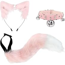 3 Pcs Fox Ears Wolf Cat Tail Leather Bell Neck Chocker Set