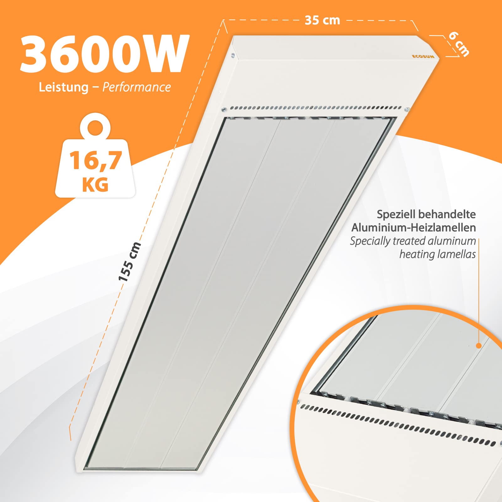 Ecosun S+ promiennik podczerwieni 3600 W, 230/400 V, IPX4, przemysłowy grzejnik do hal magazynowych, warsztatów, garaży, hal sportowych
