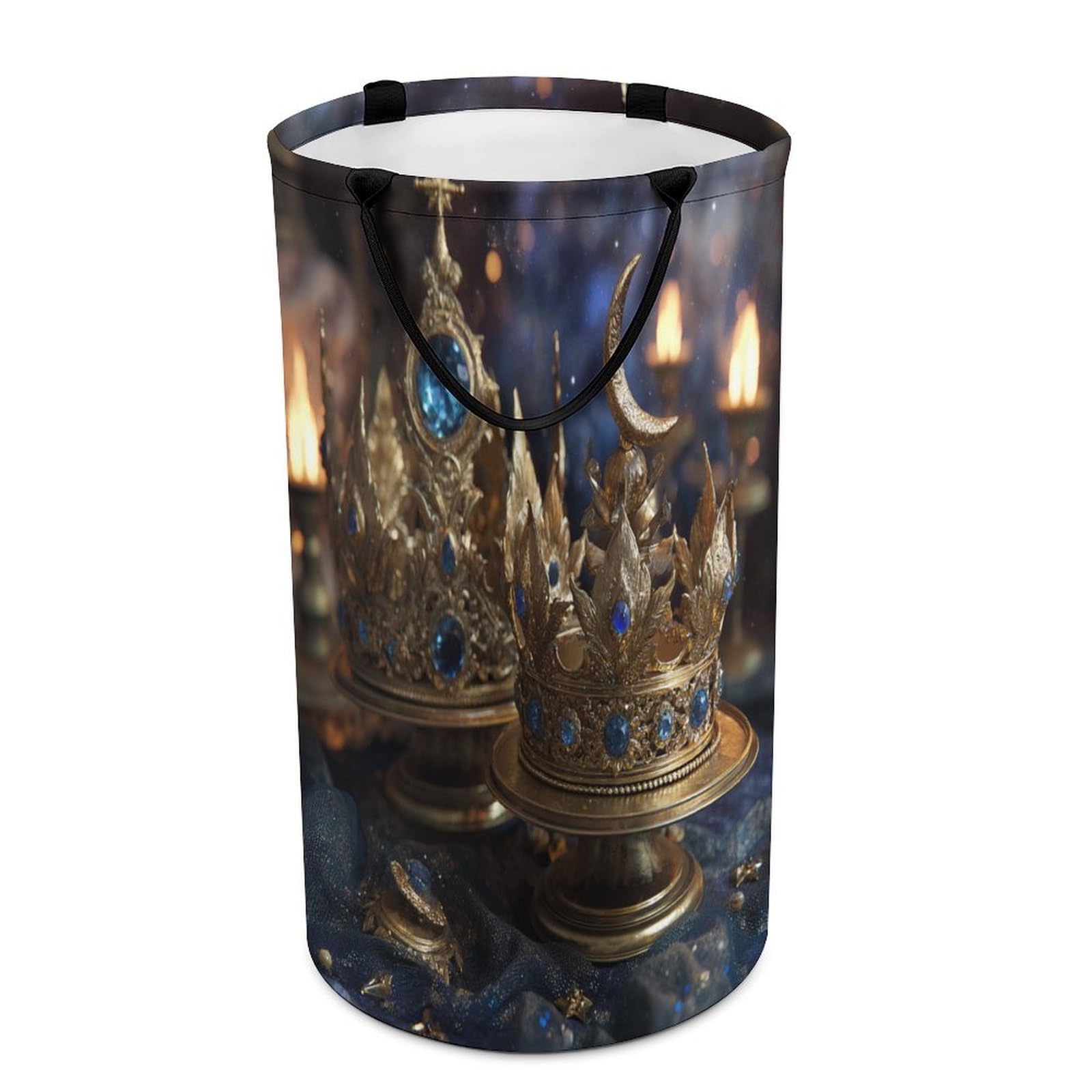 LUYYSKY Fantasy Luxury Crystal Crown Collapsible Dirty Clothes Basket, Abstract Watercolor Sun Moon Crown Couple Pattern Portable Clothes Storage Laundry Basket-40 CM Dia, 69 CM High