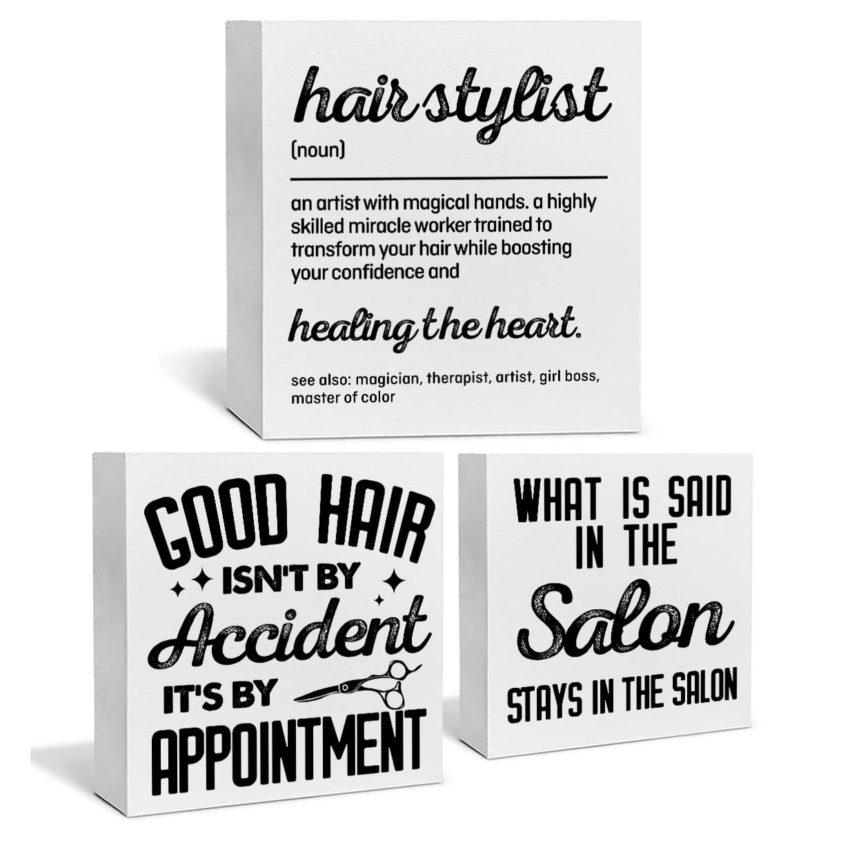 3 Pieces Hair Dresser Wooden Box Signs Barbershop Decor Hair Stylist Good Hair Isn't by Accident Wood Signs Hair Salon Table Desk Shelf Wall