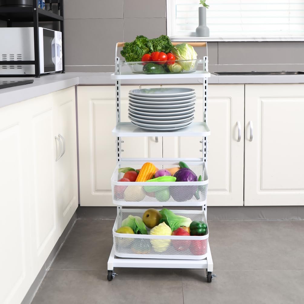 BAOYOUNI Kitchen Storage Cart on Wheels Rolling Utility Rack Adjustable Tiers Home Office Organizer Shelf with Wooden Handle for Pot Pan Fruit Vegetabe Plants Craft - Black (2 Plates + 1 Basket)