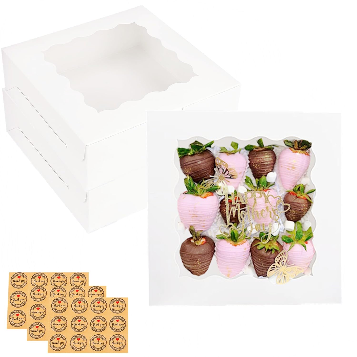 GUIFIER 30 Pack White Bakery Boxes 8x8x2.5 Inches with Window, 8 inch Pie Boxes, Strawberries Boxes Packaging, Cookie Treat Boxes, Cake Boxes,Pastry Boxes with Stickers for Donuts Desserts Party Favor