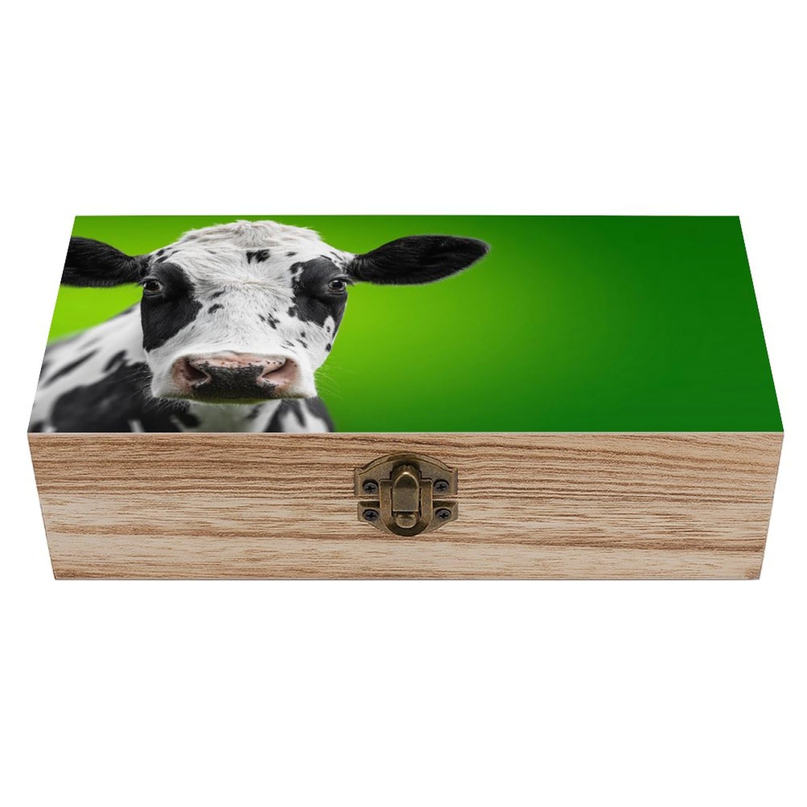 Ahdyr Cow on Green Wooden Storage Box with Hinged Lid And Front Clasp Large Keepsake Box