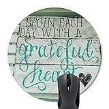 Wknoon Inspirational Quote Round Mouse Pad, Begin Each Day with A Grateful Heart Motivational Quotes on Rustic Wood Black Turquoise Cute Circular Mouse Pads