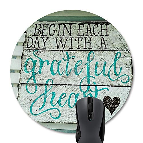 Wknoon Inspirational Quote Round Mouse Pad, Begin Each Day with A Grateful Heart Motivational Quotes on Rustic Wood Black Turquoise Cute Circular Mouse Pads